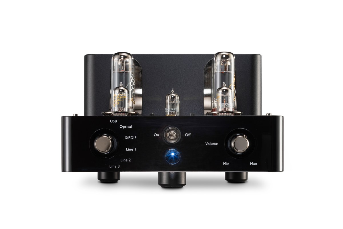 Triode 25 Black Edition von vorn mit Quellwahl und Lautstärkeregler
