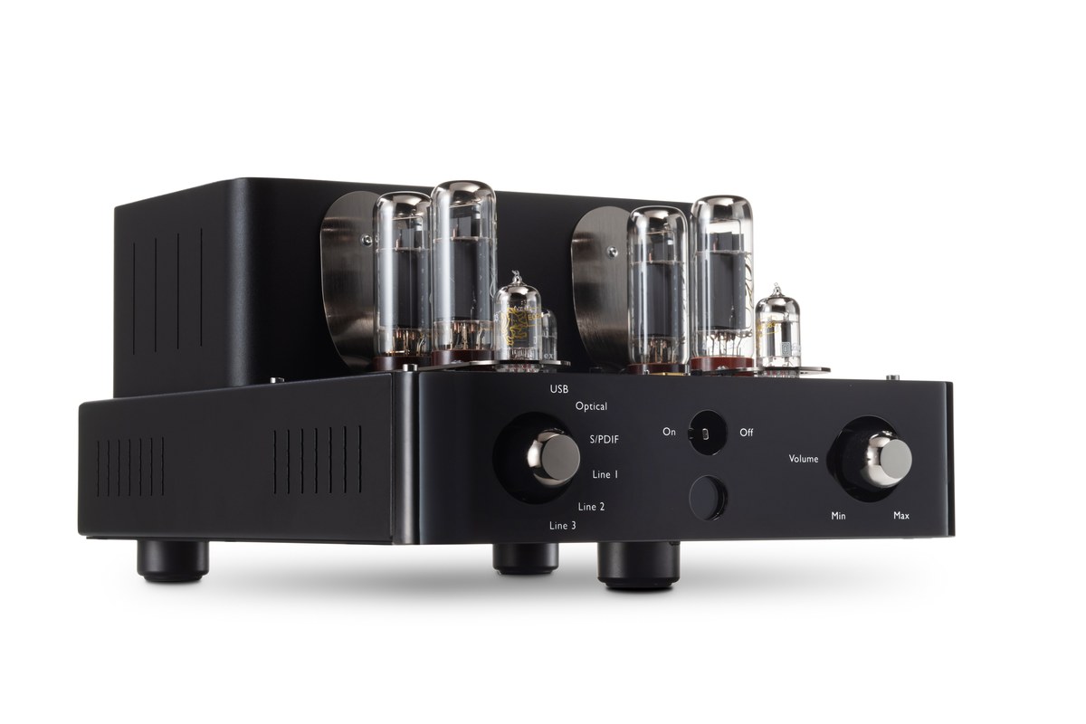 Unison Research Triode 25 Black Edition in Hochglanz Schwarz, schräg von vorn