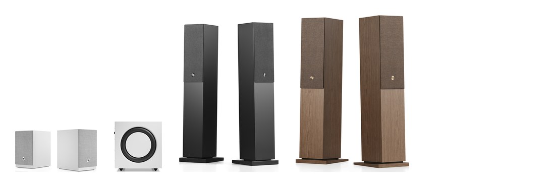 Größenvergleich Audio Pro A28 W, SW-10, A38 W und A48 W maßstabsgetreu nebeneinander