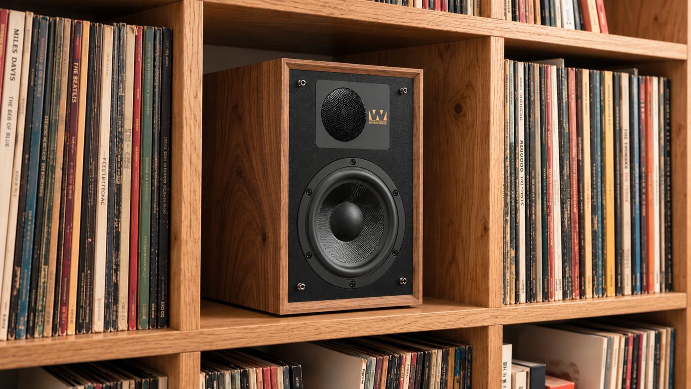 Regallautsprecher in einem Holzregal zwischen Schallplatten