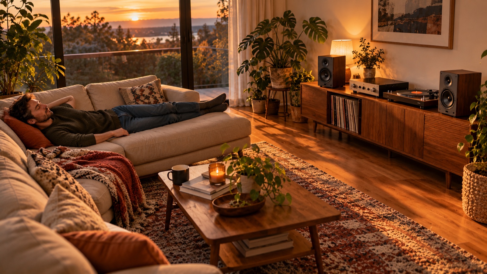 Mann liegt entspannt auf dem Sofa und hört Musik über zwei Regallautsprecher auf einem Sideboard