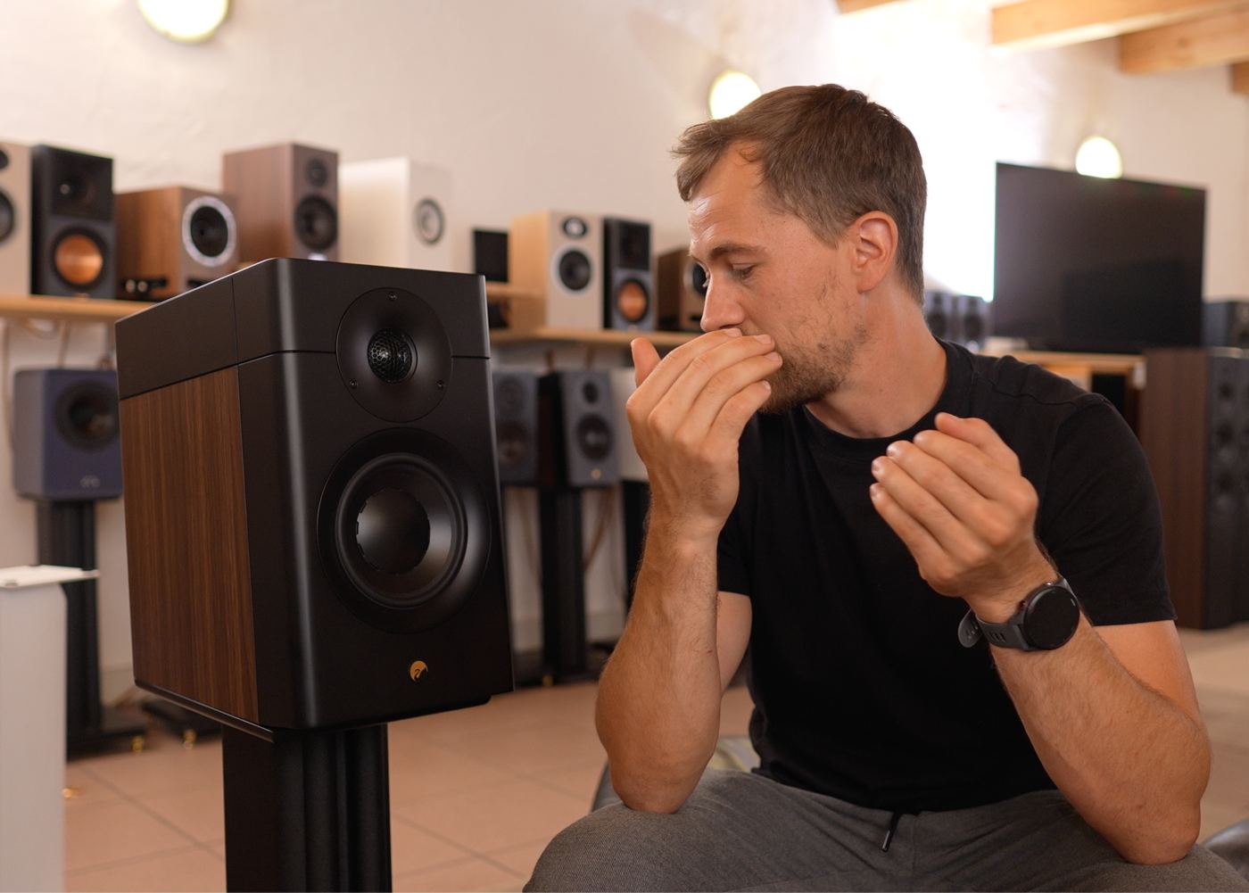 David hört konzentriert an der SWAN D3.1 MKII mit Holzwangen